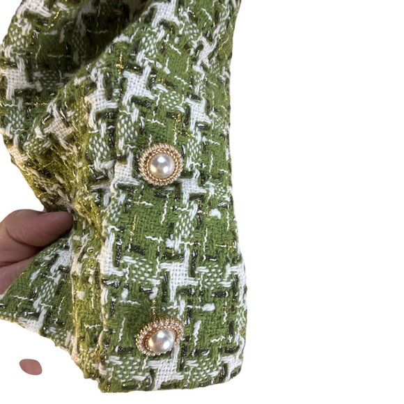 Fashion Nova Christine Tweed Cropped Blazer Jacket L Green White Dressy Preppy - Picture 7 of 10